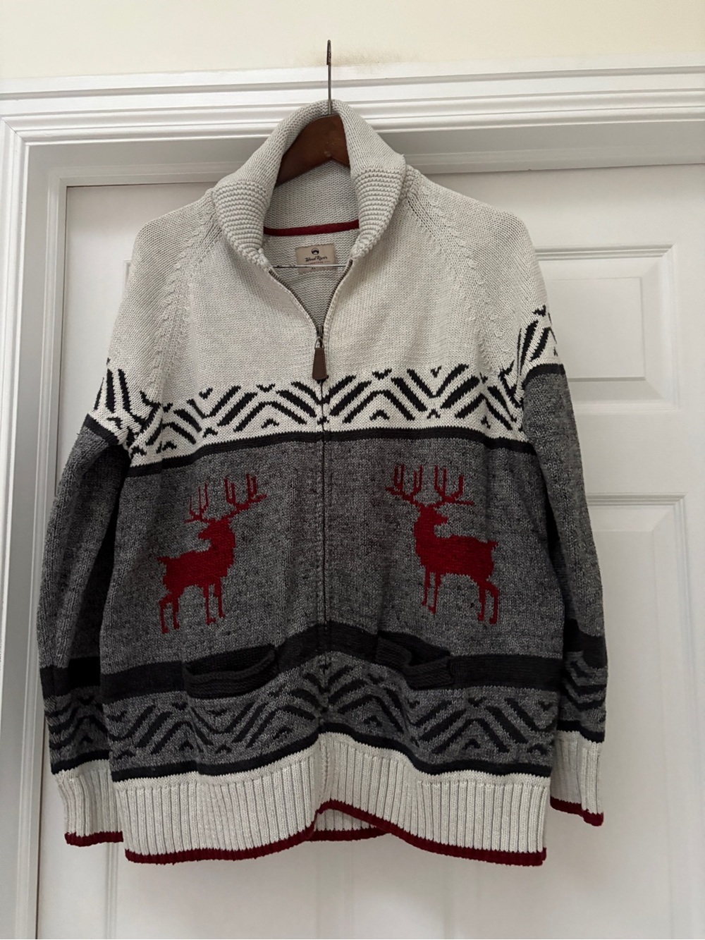 Men's Shawl Collar Zip-Up Sweater Cardigan - Gray, Cream & Red size X-LARGE